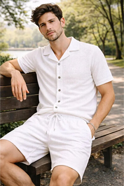 yonca aksesuar Men's Waffle Fabric Short Sleeve Shirt Shorts Set Regular Fit ...