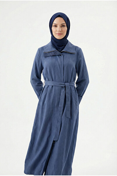 Armine TREND Yakası File Detaylı Belden Kuşaklı Yandan Fermuarlı Kap Lacivert...