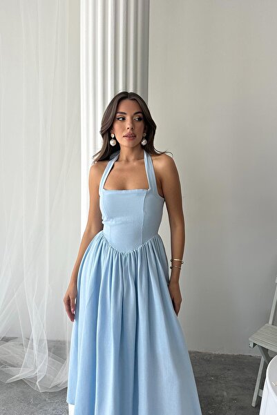 Caddebostan Moda Halter Neck Linen Dress with Open Back and Flared Cut, Midi ...