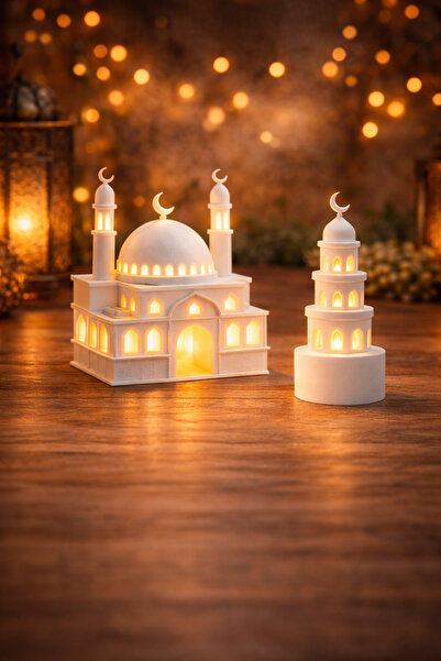 GAME SHOT 2 Adet Işıklı Cami ve Minare/Fener Dekor Seti – LED Mumlu – Masa Üs...