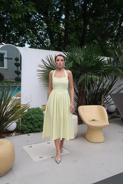 Caddebostan Moda Halter Neck Linen Dress with Open Back and Flared Cut, Midi ...