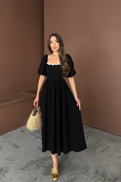 Caddebostan Moda Backless Tie-Back Square Neckline Linen Dress