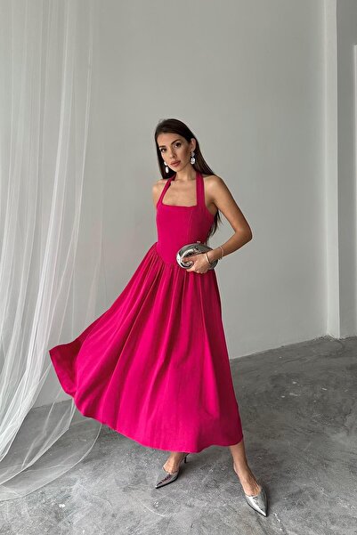 Caddebostan Moda Halter Neck Linen Dress with Open Back and Flared Cut, Midi ...