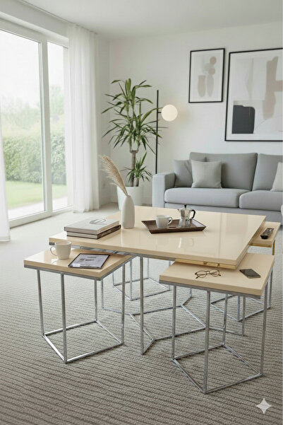 usta mekan Monza 5 li Gümüş Krem Mdf 4+1 Kare Orta Sehpa