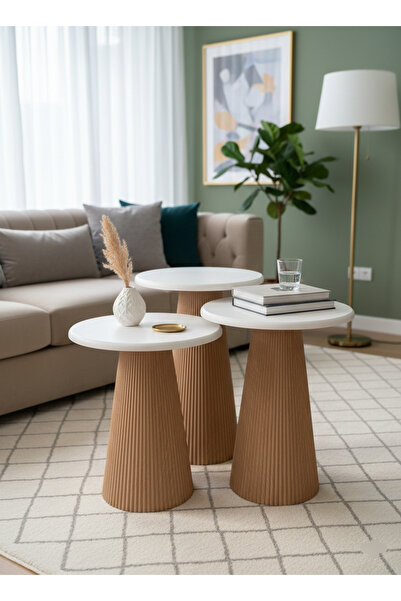 Aura Ways 3'lü Mantar Zigon Sehpa / Üçlü Mantar Sehpa / MEŞE Ayak / BEYAZ Tabla