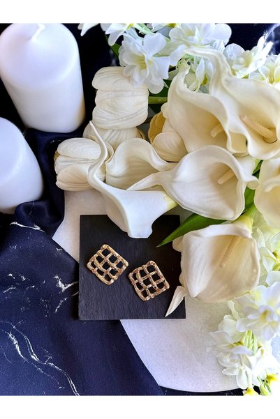 Merishe Jewerly Gold Square Grid Studded Earrings