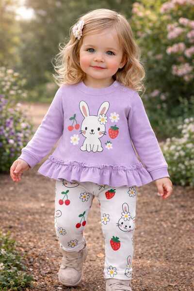 Kuzucuk Kids Bebek Çocuk Butik Kız Bebek Tavşan Baskılı Fırfırlı 2'li Takım Mor