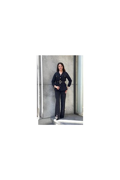 MODATALİKA Trend Women's Black Self-Patterned Belted and Gold Buttoned Two-Pi...