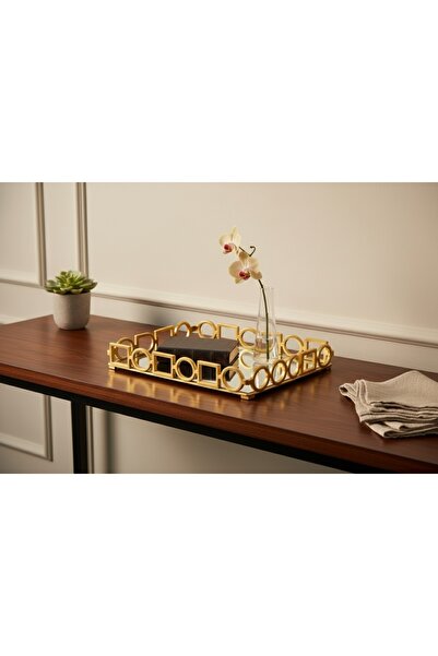 MARZEN HOME Aynalı Dekoratif Orta Boy Servis Tepsisi – Altın Metal Çerçeveli ...