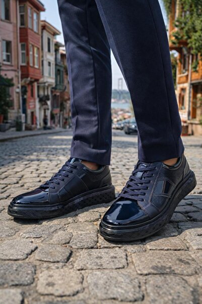 PATRICK CASSA Men's Navy Blue Patent Leather Sneaker Daily Comfortable Non-Sl...