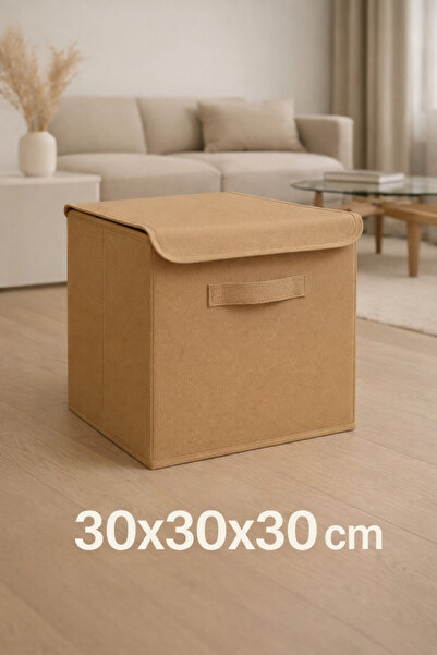 EVELLA HOME Bej Kapaklı Saklama Kutusu 30x30x30 cm Dolap İçi ve Raf Düzenleyici