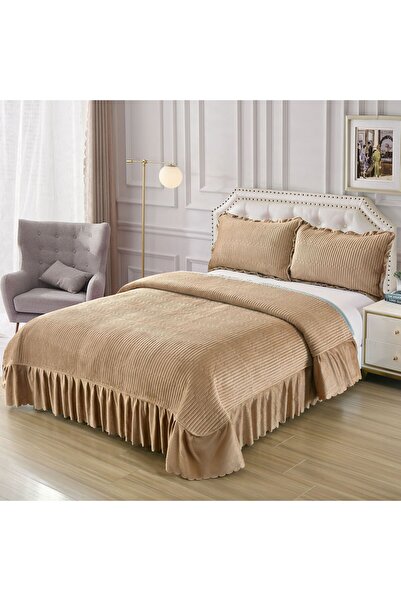 luna home pucioasa Velvet Bedspread Set, 3 Pieces: 250x250 cm + 2 Pillow, Beige