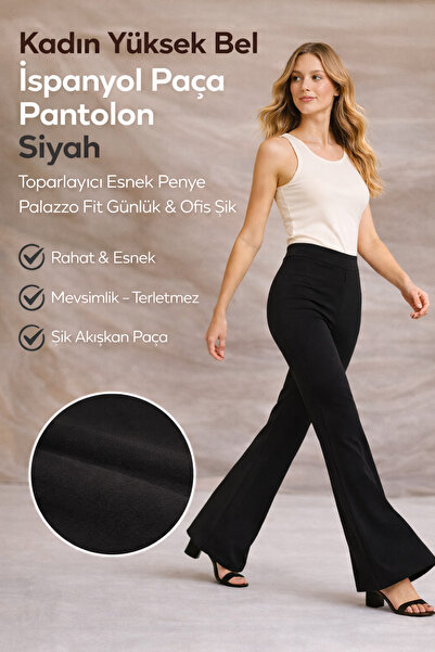 PANTOFİT Women's High-Waisted Spanish Flare Pants – Stretchy Combed Cotton Pa...