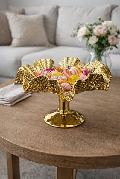 İnciaglobal Gold Ayaklı Dekoratif Sunumluk – Yaprak Formlu Bayram Şekerliği &...