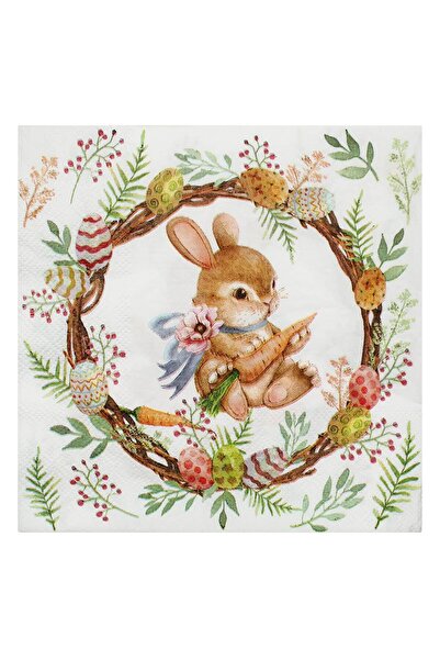OEM Easter Napkins with 2 Layers White Rabbit Crown Painted Eggs 33x33cm - 20pcs