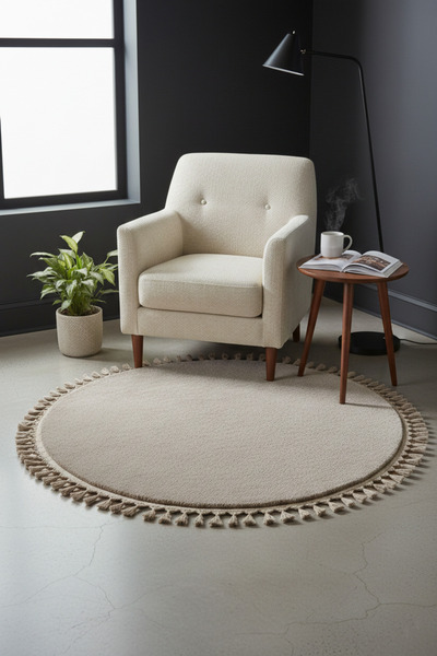 WOOF HOME Comfort Round Pompom Fringed Plush Carpet (Bedroom-Children's Room-...