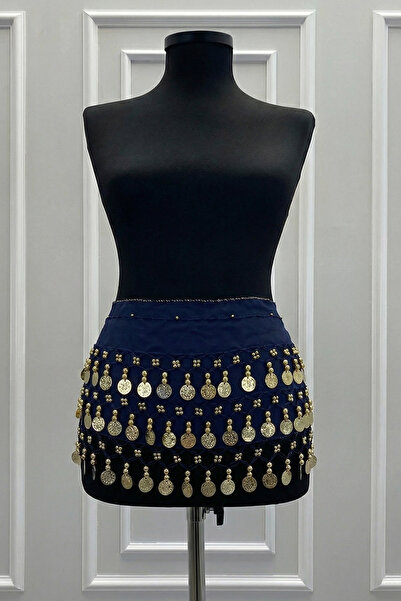 ZEYMERADE Lacivert Gold Şakira Oryantal Dansöz Dans Kemeri Pullu Zilli Kına O...