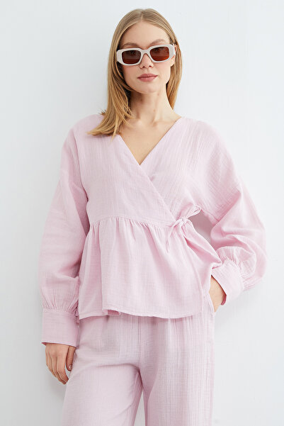 Fulla Moda Yandan Bağlamalı Kruvaze Yaka Müslin Gömlek