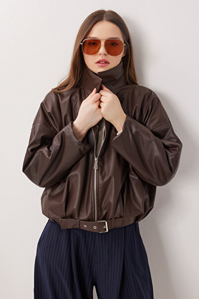 Lovelyİstanbul Belted Faux Leather Bomber Jacket with Faux Fur Inside Lax0005...