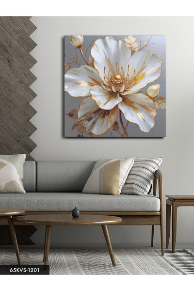 Evinemoda White Flower with Gold Detail One Piece Square Canvas - Canvas Art ...