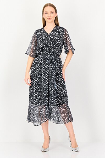 freesoul Women Allover Print With Tie Closure Midi Dress, Multicolor