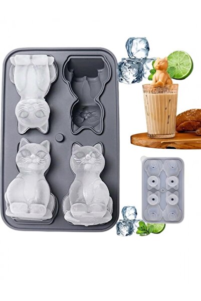 Yenigeldi 3D Kedi Silikon Buz ve Tatlı Kalıbı - 4’lü Dekoratif Buzluk, Çikola...