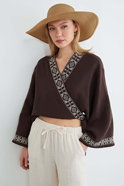 Fulla Moda Tied Kimono with Embroidered Collar and Sleeves