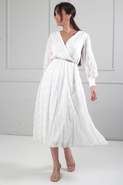 By Saygı Rochie midi din dantelă cu mânecă lungă și guler dublu pentru femei