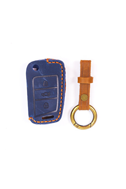 AUTOTOB Husa cheie briceag din piele, VW Seat Skoda, albastru