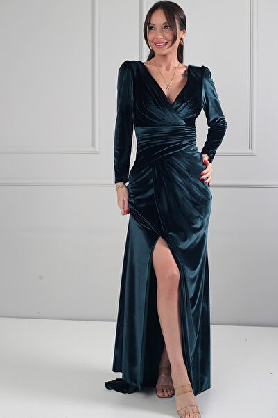 By Saygı Women's Double-Breasted Collar Lined Draped Plus Size Long Velvet Dress