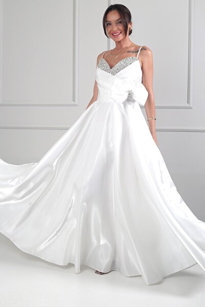 By Saygı Kadın İp Askılı Yaka Taş Detaylı Drapeli Beli Fiyonklu Astarlı Tafta...