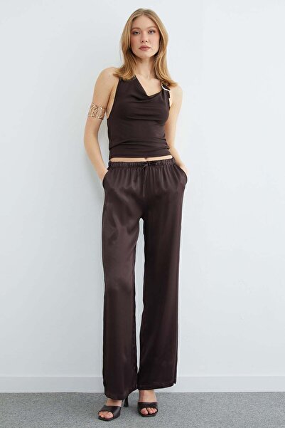 Fulla Moda Beli Lastikli Cepli Palazzo Saten Pantolon