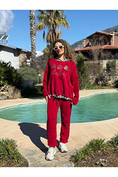 Punta Otantik Pt19768 Velvet Hooded Leopard Tracksuit Set Burgundy