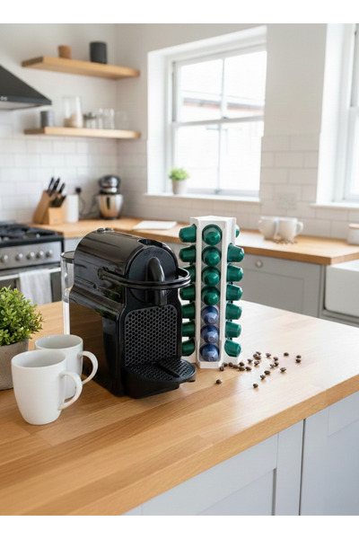 comes KULE Serisi Beyaz Nespresso Uyumlu Dikey Kapsül Kahve Standı 12x12x24 cm