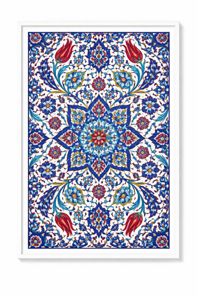 KAYABEY HOME Mavi Çini Desenli Dekoratif Tablo – Beyaz Çerçeveli Geleneksel D...