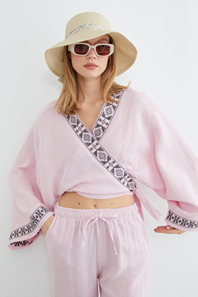 Fulla Moda Tied Kimono with Embroidered Collar and Sleeves