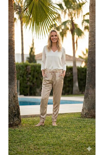 Punta Otantik Pt91520 Italian Satin Trousers with Pocket Lace and Stone Detail