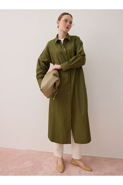 Benin Poplin Fabric Long Basic Shirt - Khaki -
