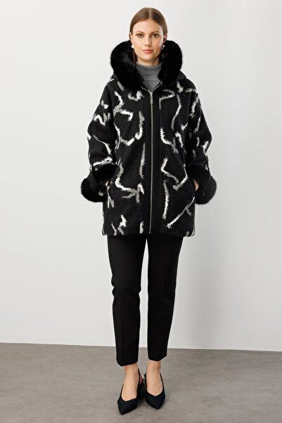 Ekol Collar and Sleeve Fur Detailed Patterned Black Women's Coat 06309