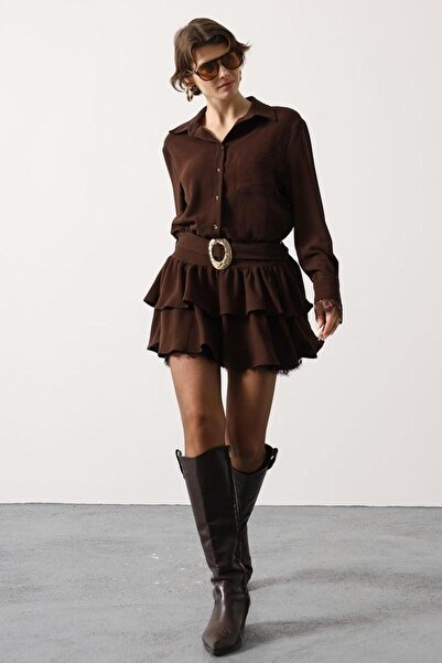 Slassy Wear Shirt Collar Lace Detail Mini Belted Dress