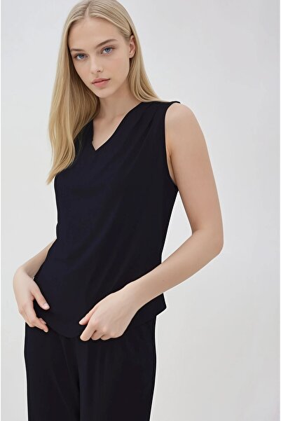 Vitrin V-Neck Shoulder Pleated Blouse