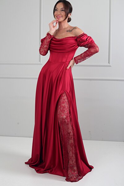 By Saygı Kadın Kayık Drapeli Yaka Astarlı Dantel Detaylı Geniş Beden Aralıklı...