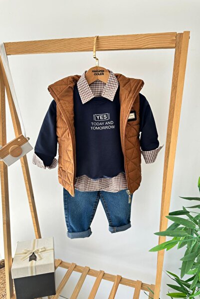 Minigimin Cicileri My Little Boy's Plaid Shirt with Quilted Vest and Detailed...