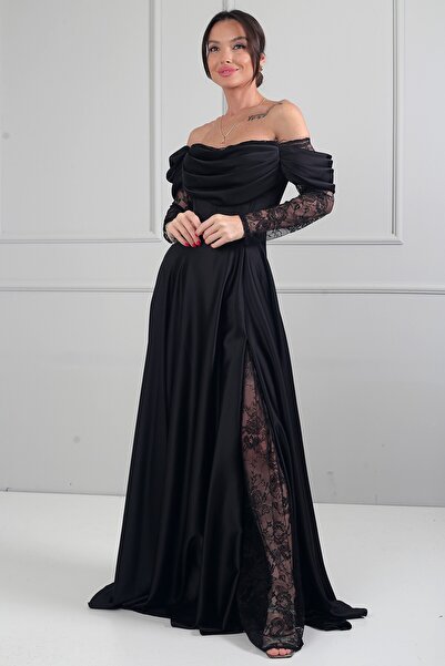 By Saygı Kadın Kayık Drapeli Yaka Astarlı Dantel Detaylı Geniş Beden Aralıklı...