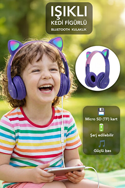 mimtec Kablosuz Bluetooth Kulaklık Led Işıklı Mikrofonlu Kedili iOS Android U...