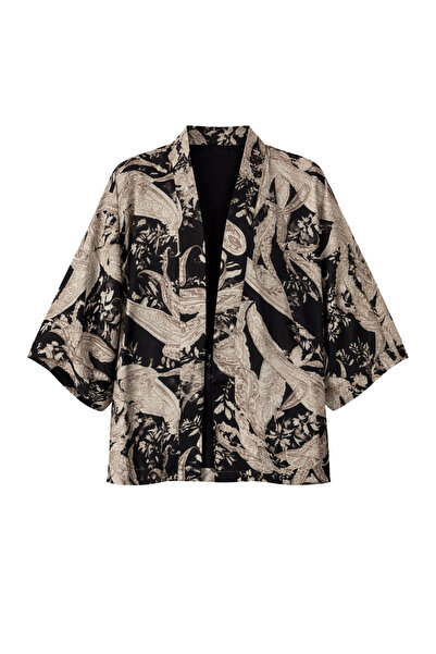 Retrobird Design Boho Pattern Mini Kimono Femei Negru