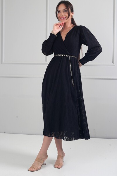 By Saygı Women's Double Breasted Collar Lined Long Sleeve Lace Midi Dress