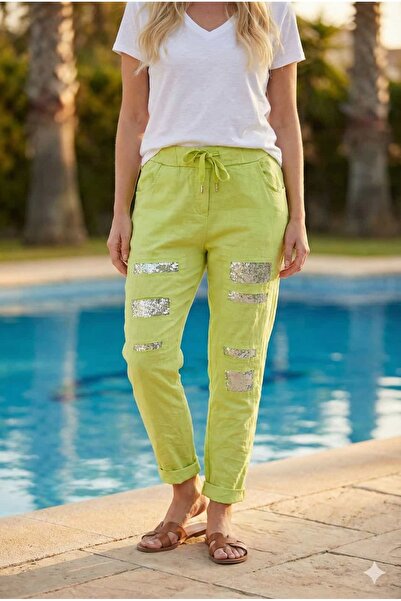 Punta Otantik Pt91590 Italian Coton Trousers with Sequin Stripes Pistachio