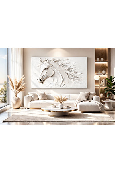 My canvas Modern Rölyef Beyaz At Kanvas Tablo – Minimalist 3D Görünüm Salon, ...