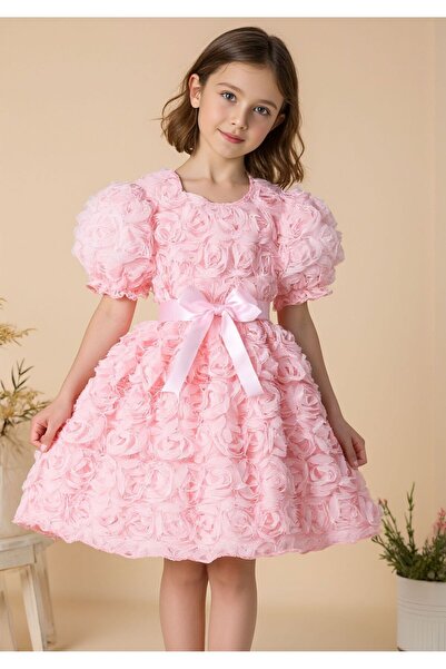 LilyMoon Girl's Solid Color Fluffy Sleeves 3D Flower Pattern Elegant Dress wi...